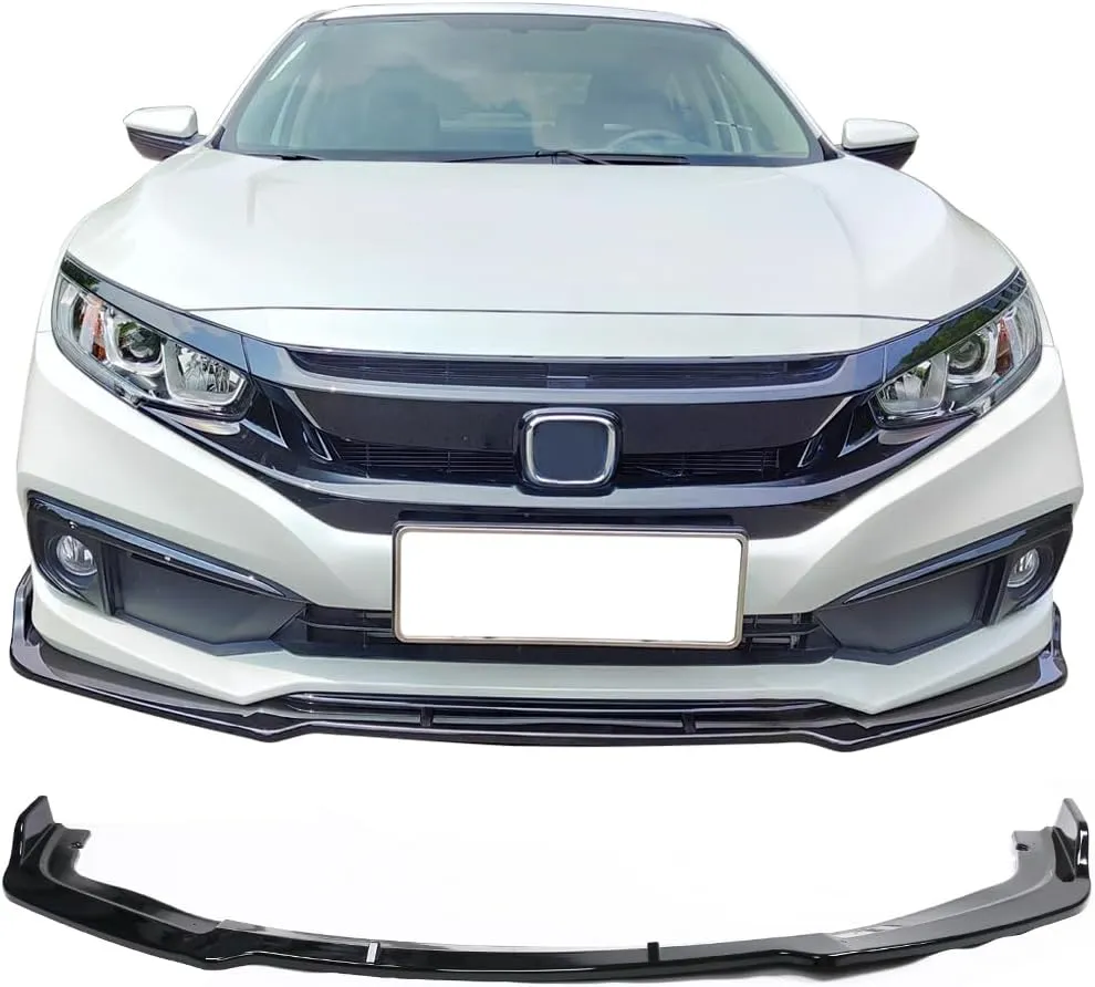 IKON MOTORSPORTS, Front Bumper Lip Compatible with 2019-2021 Honda Civic, V4 Style Gloss Black Front Lip Chin Spoiler