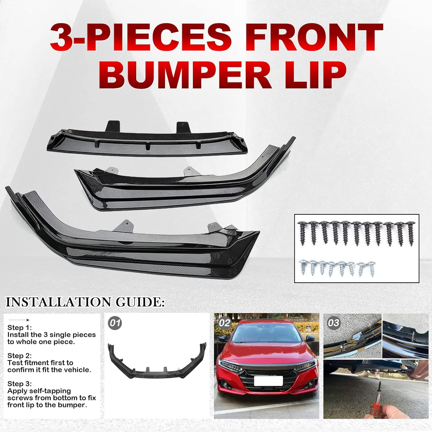 IKON MOTORSPORTS, Front Bumper Lip Compatible with 2021-2022 Honda Accord, Carbon Fiber Print IKON V1 Style PP 3PCS Front Spoiler Splitter Kit