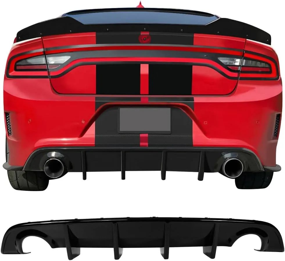 IKON MOTORSPORTS, Rear Bumper Lip Diffuser Compatible with 2015-2023 Dodge Charger SRT, Ikon Style PP Valance Body Kit, Gloss Black, 2016 2017 2018 2019