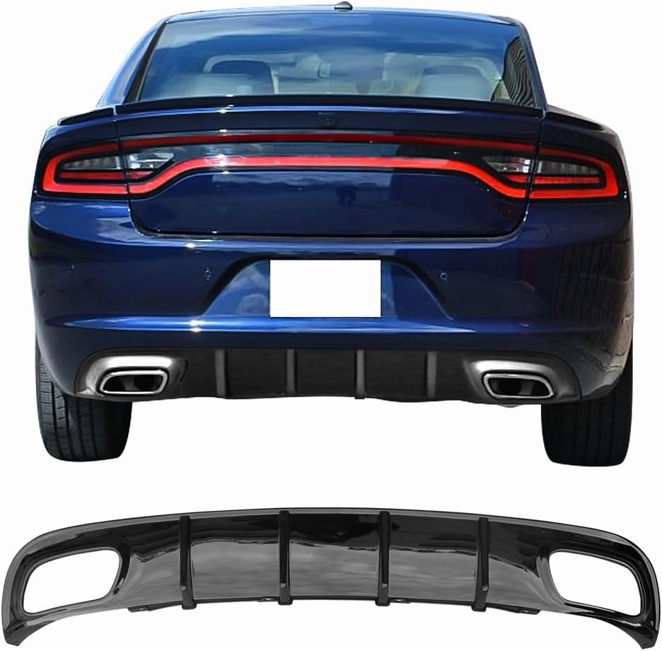 IKON MOTORSPORTS Rear Diffuser Compatible with 2015-2023 Dodge Charger Base SXT V2 Style Glossy Black PP Shark Fin Rear Bumper Valance Spoiler Air Dam Chin Splitter Molding
