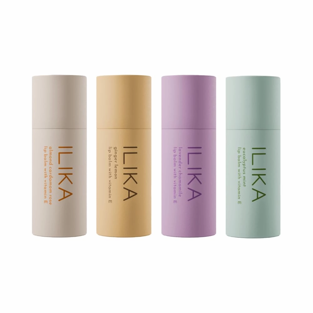 ILIKA Lip Balm, Plastic-free, 2X Volume, Organic,100% Plant-Based, COSMOS Certified Organic, PETA Certified Vegan & Cruelty-Free, Biodegradable Tube 4 Pack, Essential Collection