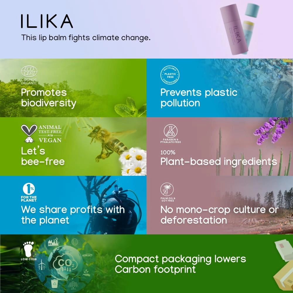 ILIKA Lip Balm, Plastic-free, 2X Volume, Organic,100% Plant-Based, COSMOS Certified Organic, PETA Certified Vegan & Cruelty-Free, Biodegradable Tube 4 Pack, Essential Collection