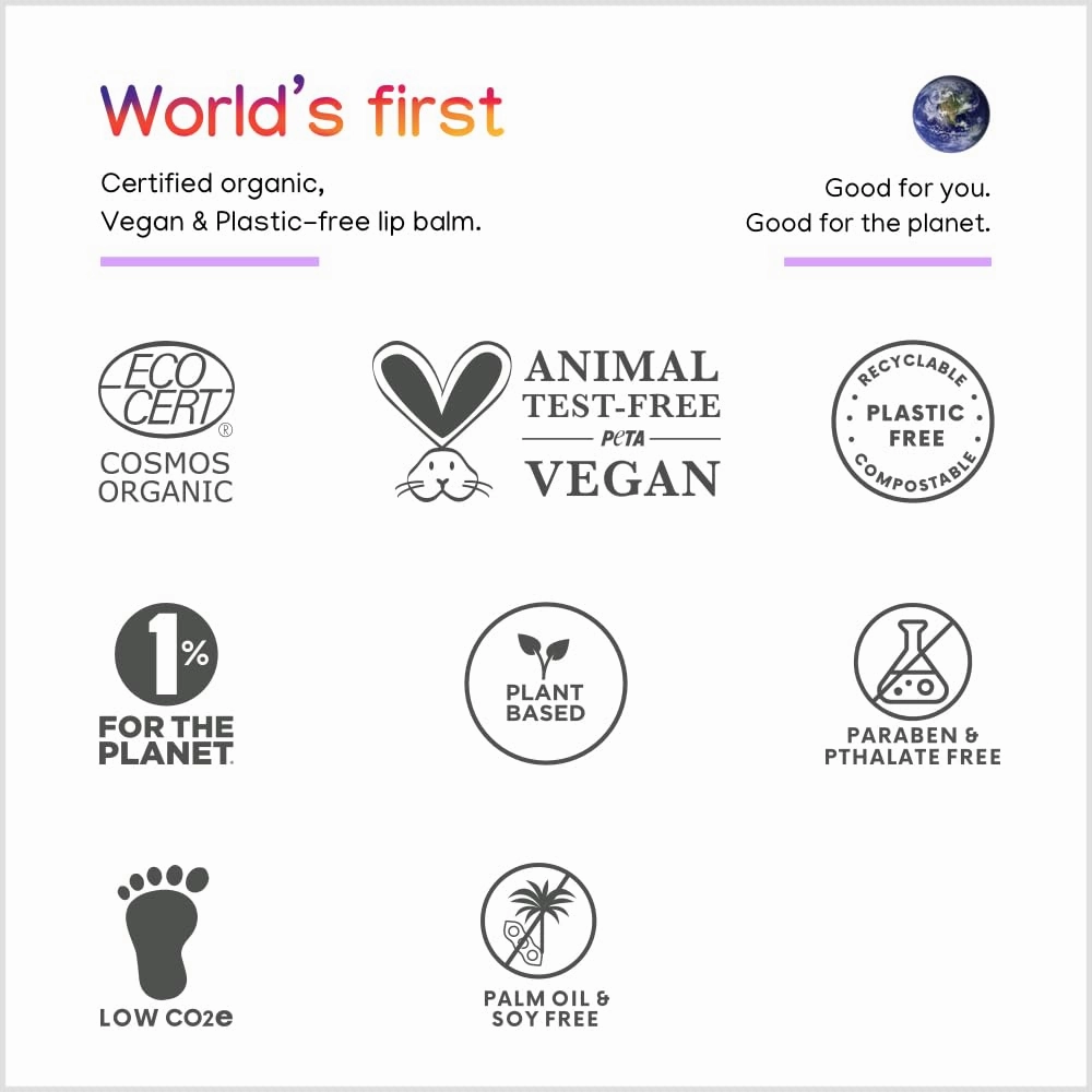 ILIKA Lip Balm, Plastic-free, 2X Volume, Organic,100% Plant-Based, COSMOS Certified Organic, PETA Certified Vegan & Cruelty-Free, Biodegradable Tube 4 Pack, Essential Collection