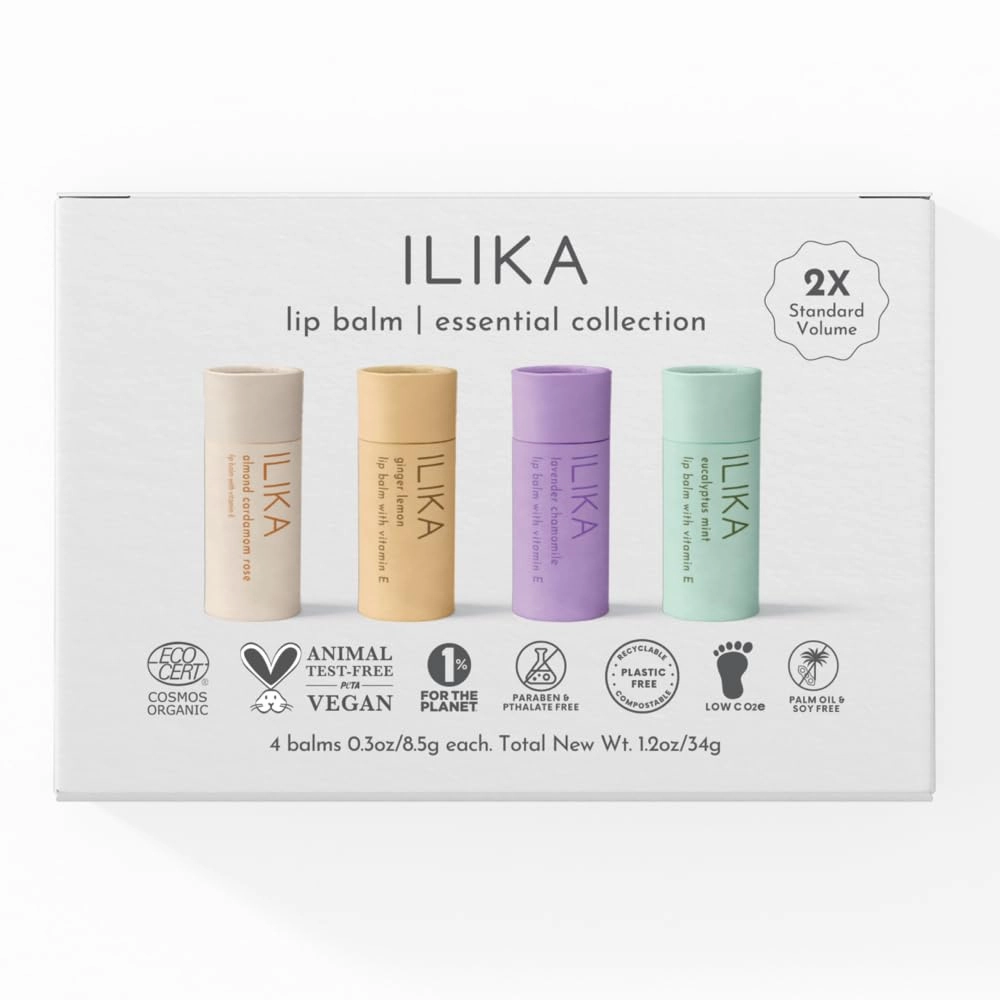 ILIKA Lip Balm, Plastic-free, 2X Volume, Organic,100% Plant-Based, COSMOS Certified Organic, PETA Certified Vegan & Cruelty-Free, Biodegradable Tube 4 Pack, Essential Collection