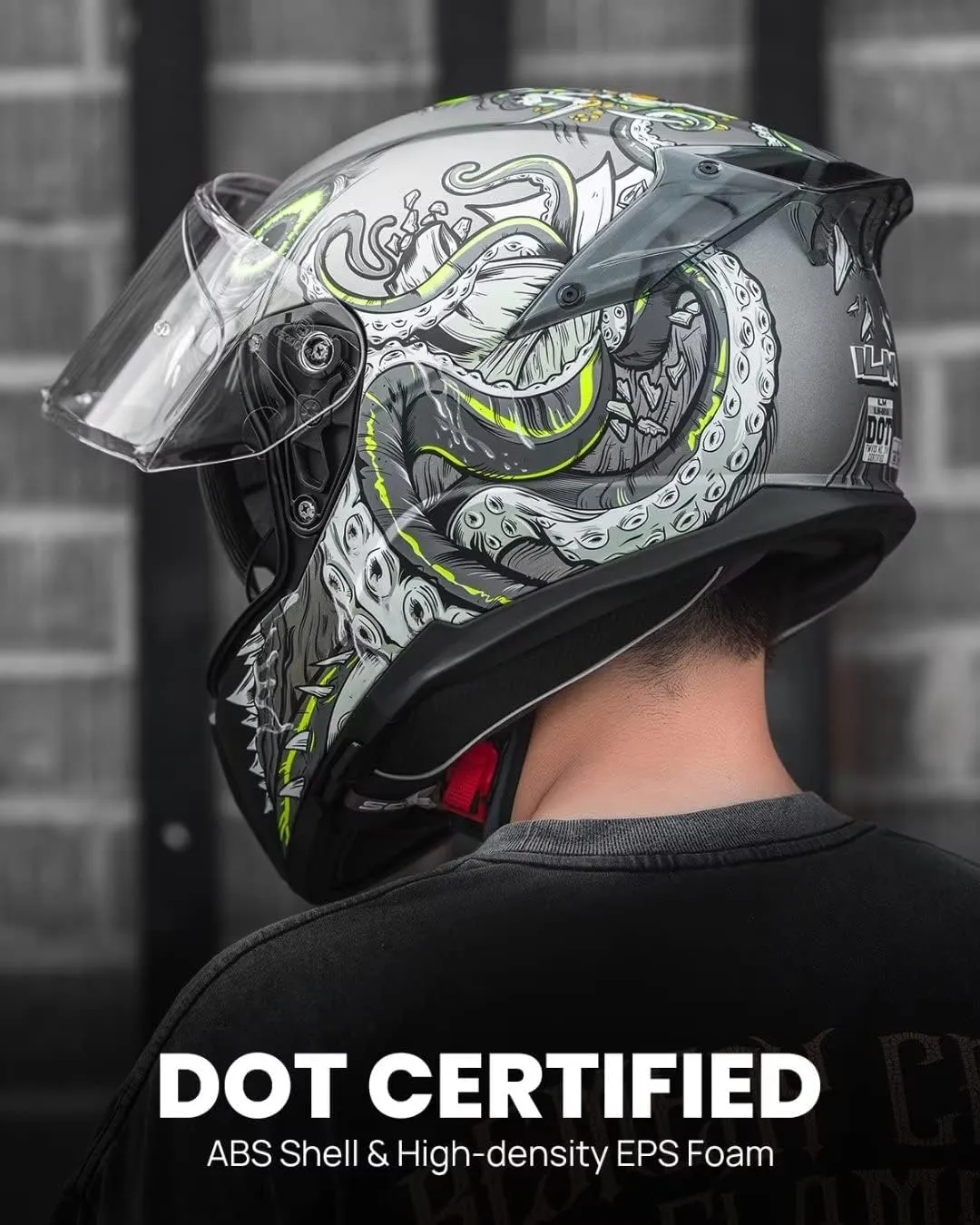 ILM Full Face Dual Visor Motorcycle Helmets with Rear Wing Pinlock Compatible Motorbike Street Bike Helmet DOT Men Women Model 861A (GreenDeepSea, L)