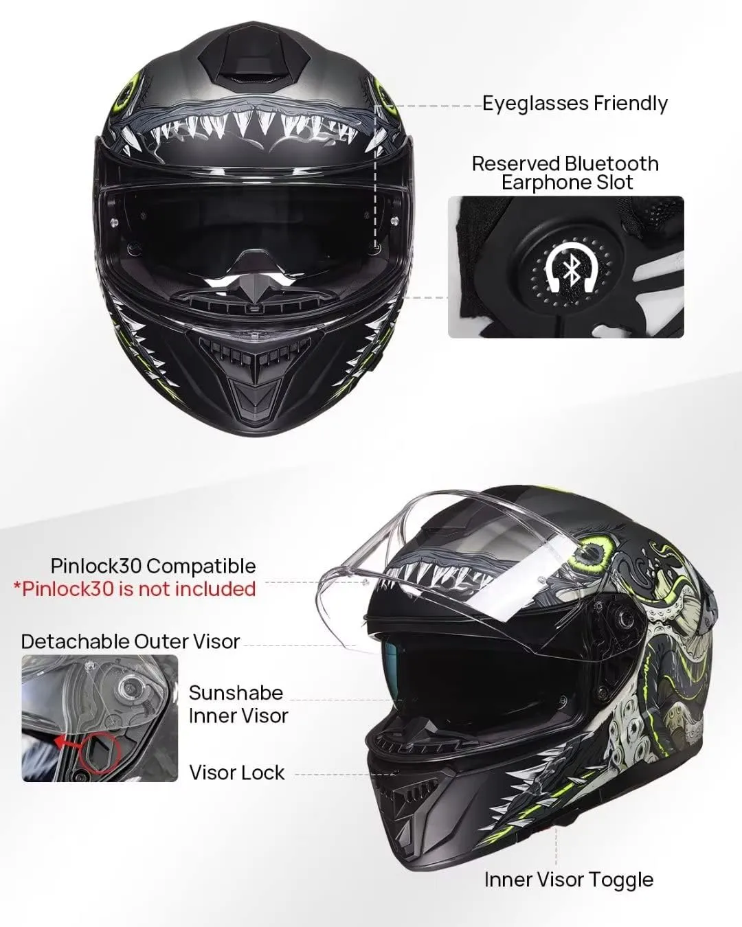 ILM Full Face Dual Visor Motorcycle Helmets with Rear Wing Pinlock Compatible Motorbike Street Bike Helmet DOT Men Women Model 861A (GreenDeepSea, L)