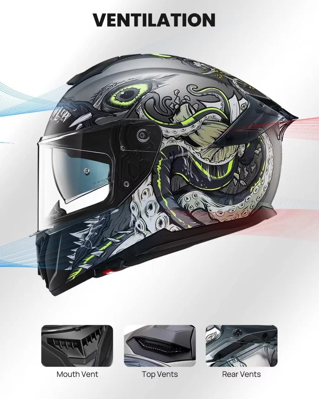 ILM Full Face Dual Visor Motorcycle Helmets with Rear Wing Pinlock Compatible Motorbike Street Bike Helmet DOT Men Women Model 861A (GreenDeepSea, L)