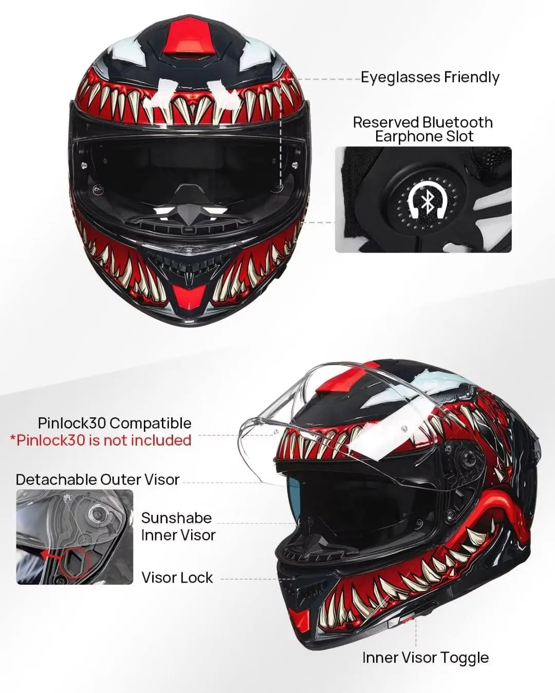 ILM Full Face Dual Visor Motorcycle Helmets with Rear Wing Pinlock Compatible Motorbike Street Bike Helmet DOT Men Women Model 861A (TheNight, L)