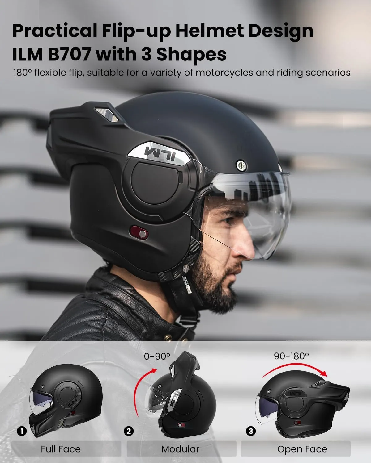 ILM Vintage Full Face Modular Motorcycle Helmet for Adults Men ATV UTV Snowmobile with 180° Reversible Chin Guard DOT Model-B707(Matte Black, L)
