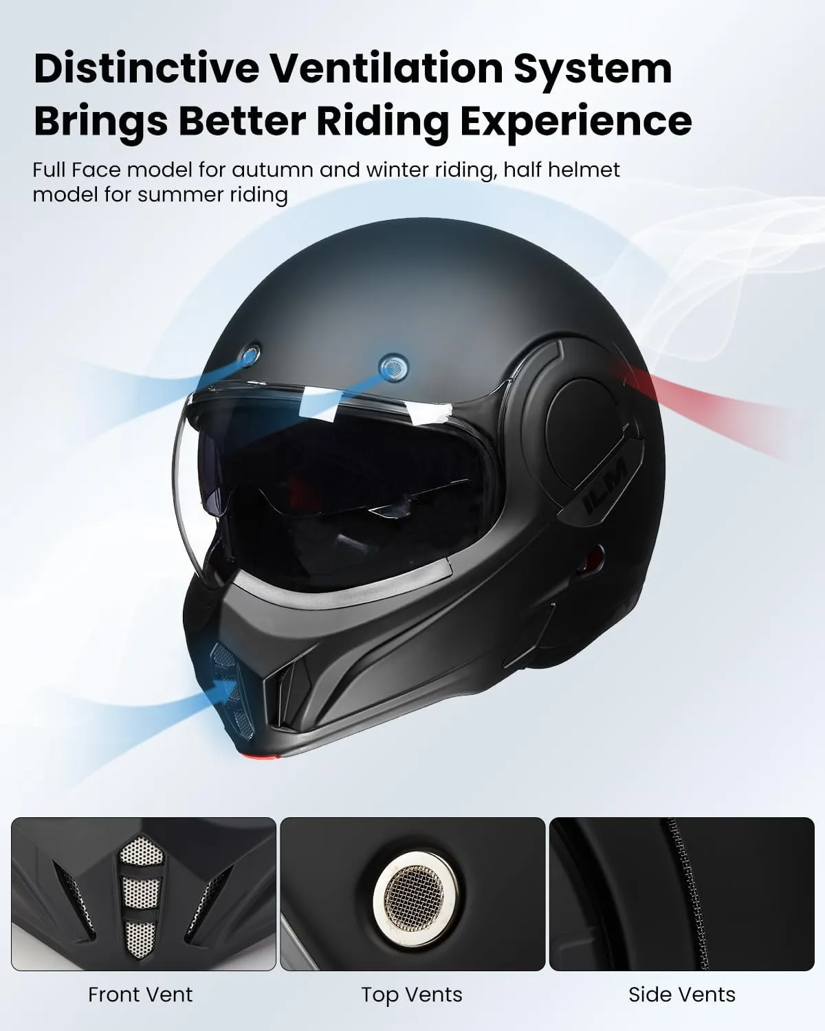 ILM Vintage Full Face Modular Motorcycle Helmet for Adults Men ATV UTV Snowmobile with 180° Reversible Chin Guard DOT Model-B707(Matte Black, L)