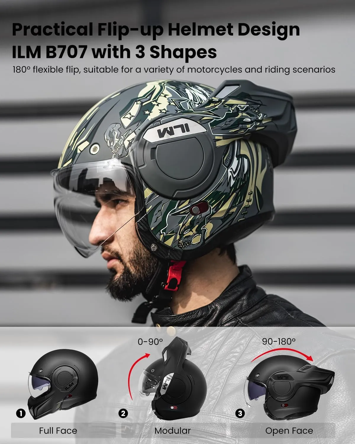 ILM Vintage Full Face Modular Motorcycle Helmet for Adults Men ATV UTV with 180° Reversible Chin Guard DOT Model-B707(Army Green, XL)
