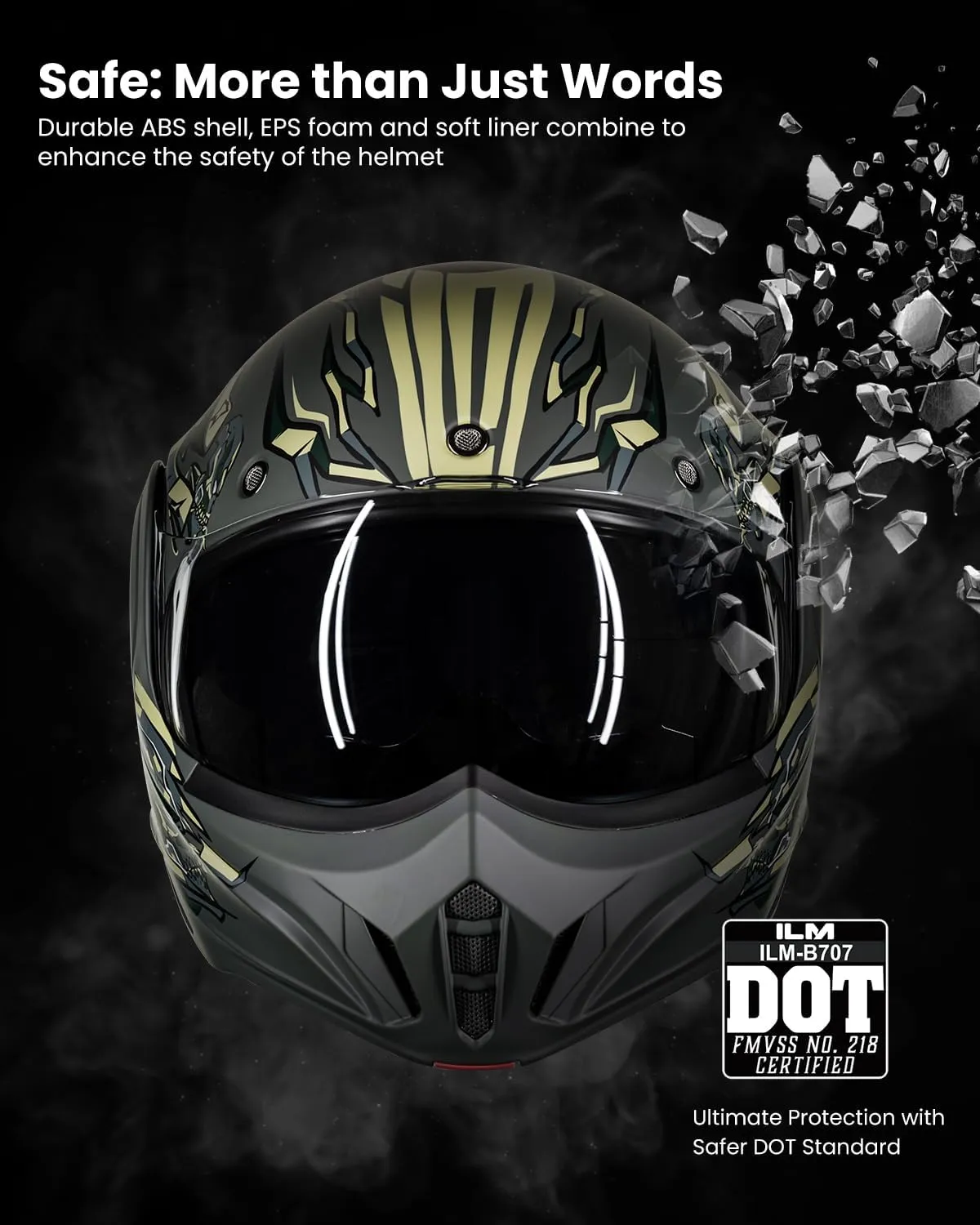 ILM Vintage Full Face Modular Motorcycle Helmet for Adults Men ATV UTV with 180° Reversible Chin Guard DOT Model-B707(Army Green, XL)