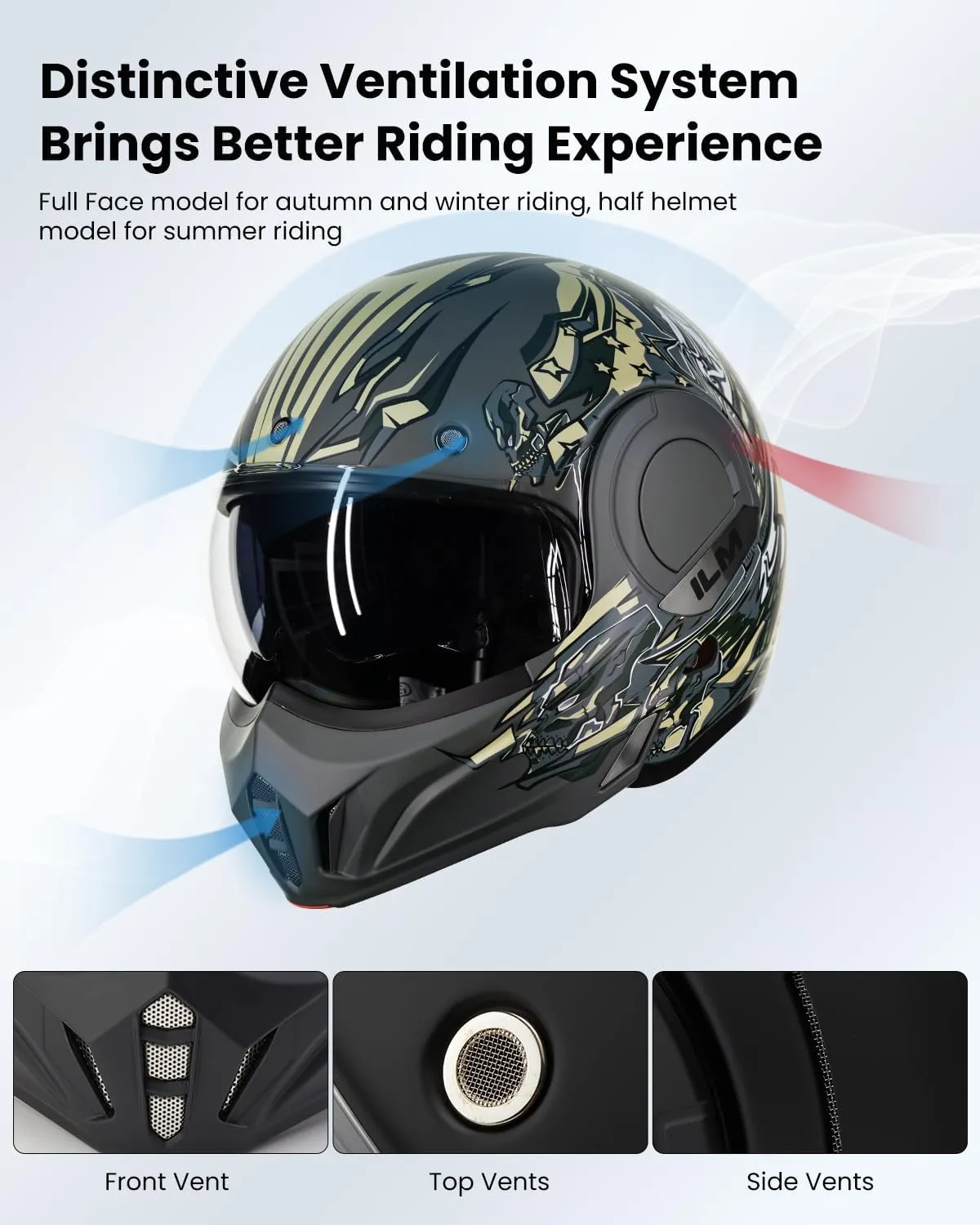 ILM Vintage Full Face Modular Motorcycle Helmet for Adults Men ATV UTV with 180° Reversible Chin Guard DOT Model-B707(Army Green, XL)