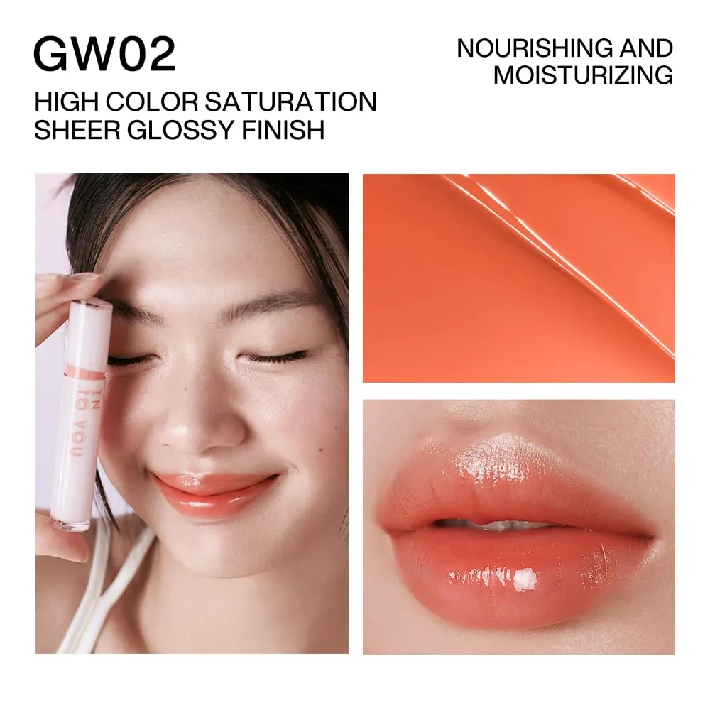 INTO YOU Glow Lip Tint, Plumping Lip Gloss, Nourishing Hydrating Moisturizing Lip Oil, Non-Sticky, Long-lasting, Waterproof, High Shine Liquid Lipstick, Stay 8 Hour, for Women Makeup, GW02