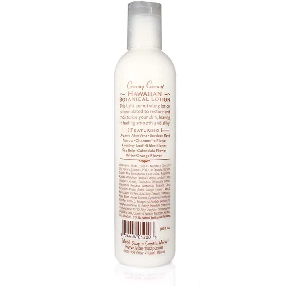 Island Soap and Candle Works Botanical Coconut Scented Body Lotion for Men and Women - Paraben Free Body Moisturizer - Hydrating Hawaiian Skincare - Creamy Coconut - 8.5 Fl Oz. Bottle