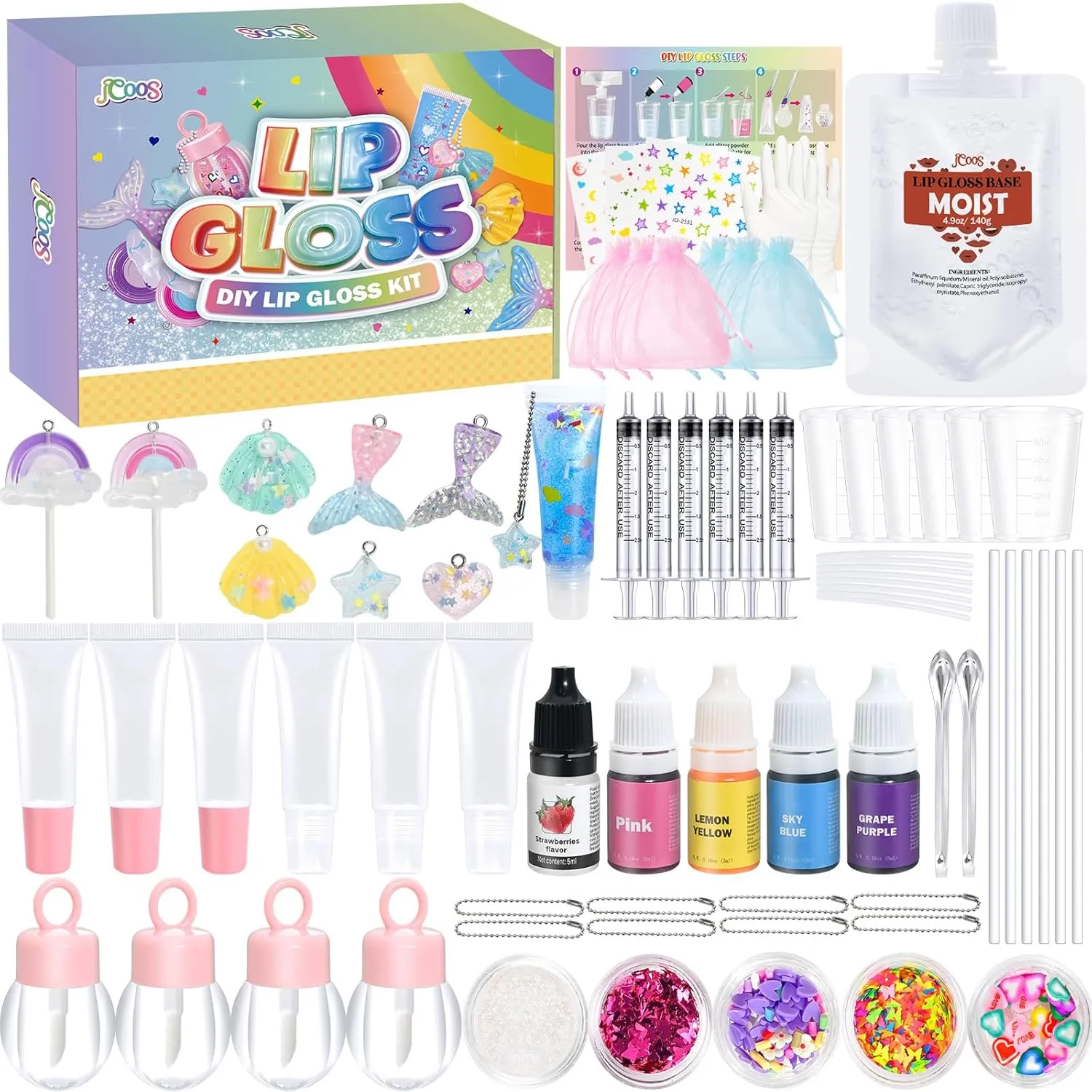 Jcoos Lip Gloss Making Kit - 73PCS Keychain DIY Lip Gloss, Shimmery Moisturizing Lip Glaze Handmade Set, Fun Craft Kit for Beginner, Women, Kids, Tween, Preteen, Teens Girl Gifts Trendy Stuff