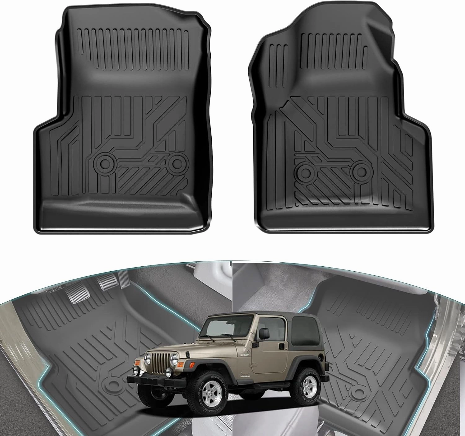 Jeep Wrangler TJ Floor Mats，Floor Liners for Wrangler TJ Accessories 1997-2006, TPE All Weather Protection Mat, Front Row Liner Electronic Pattern 2PCS Black