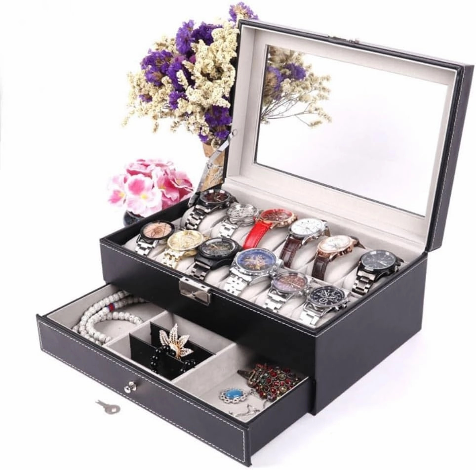 Jewelry Box Double Layer 12-position Watch Jewelry Box Transparent 12-position Watch Box Jewelry Box Jewelry Storage Box Jewelery Box(Black)
