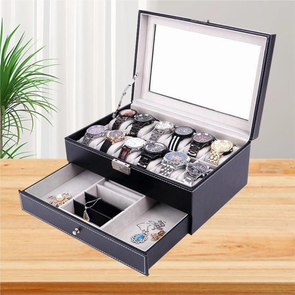 Jewelry Box Double Layer 12-position Watch Jewelry Box Transparent 12-position Watch Box Jewelry Box Jewelry Storage Box Jewelery Box(Black)