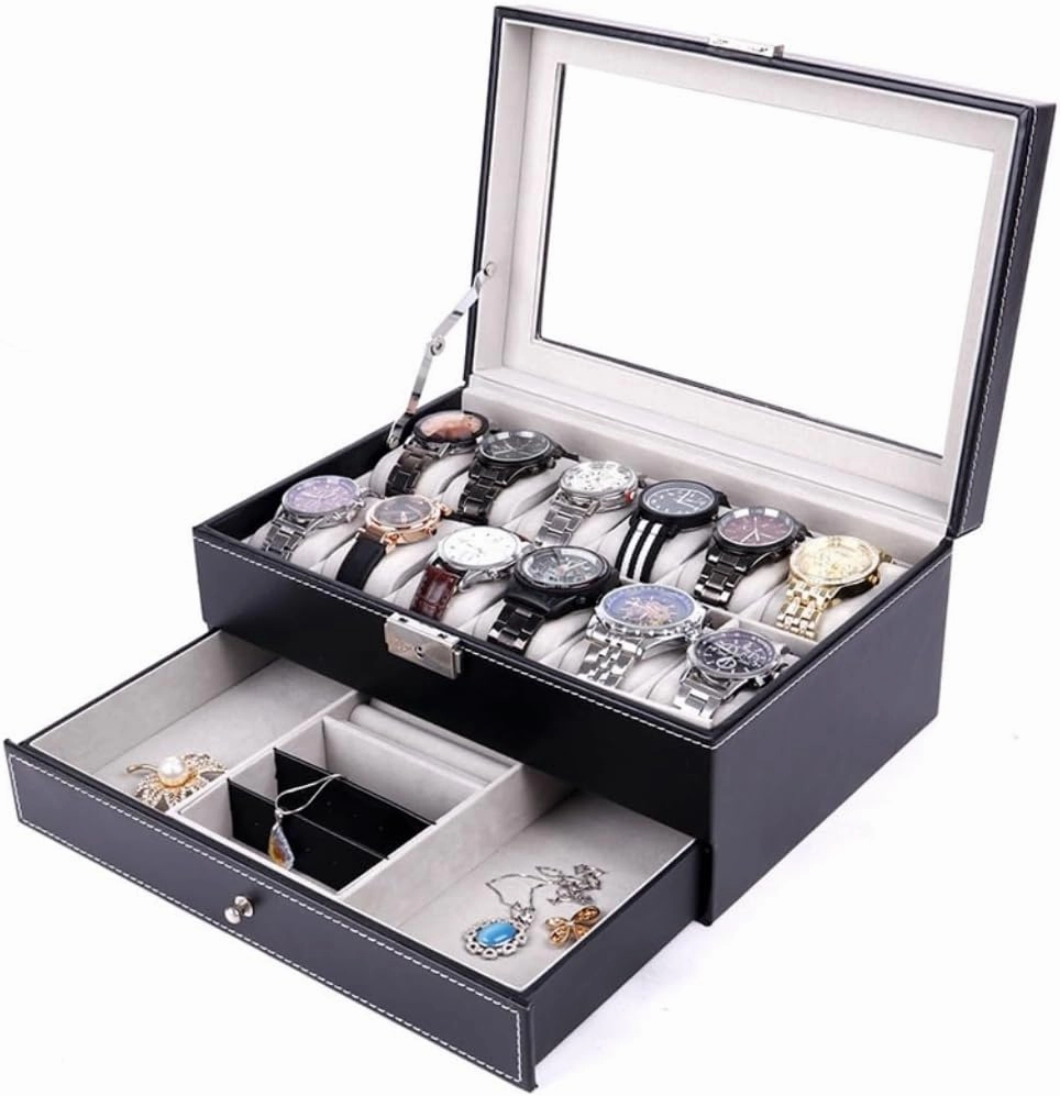 Jewelry Box Double Layer 12-position Watch Jewelry Box Transparent 12-position Watch Box Jewelry Box Jewelry Storage Box Jewelery Box(Black)