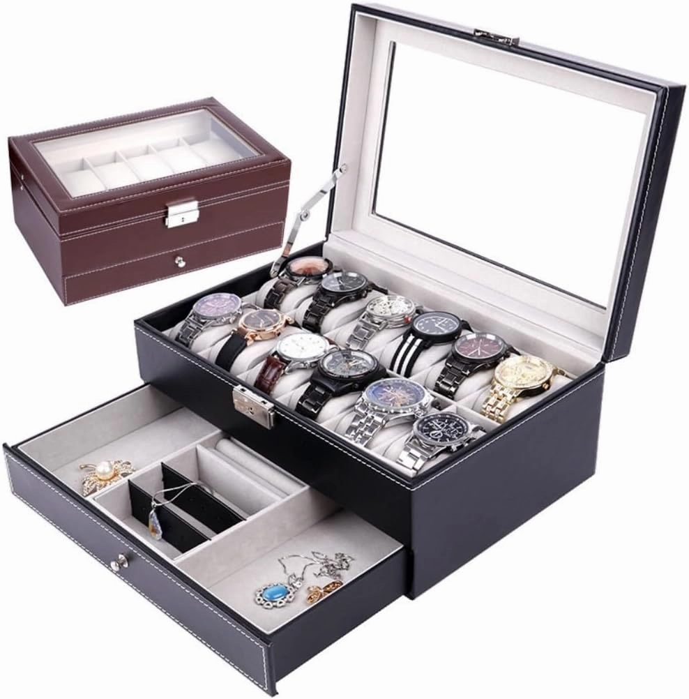Jewelry Box Double Layer 12-position Watch Jewelry Box Transparent 12-position Watch Box Jewelry Box Jewelry Storage Box Jewelery Box(Black)