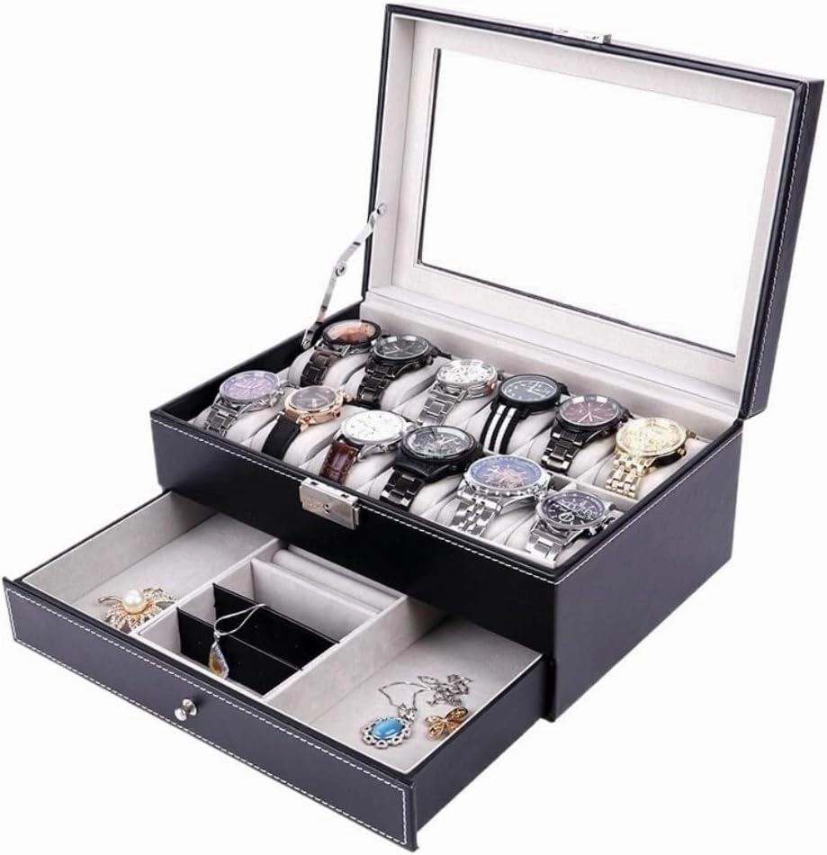Jewelry Box Double Layer 12-position Watch Jewelry Box Transparent 12-position Watch Box Jewelry Box Jewelry Storage Box Jewelery Box(Black)