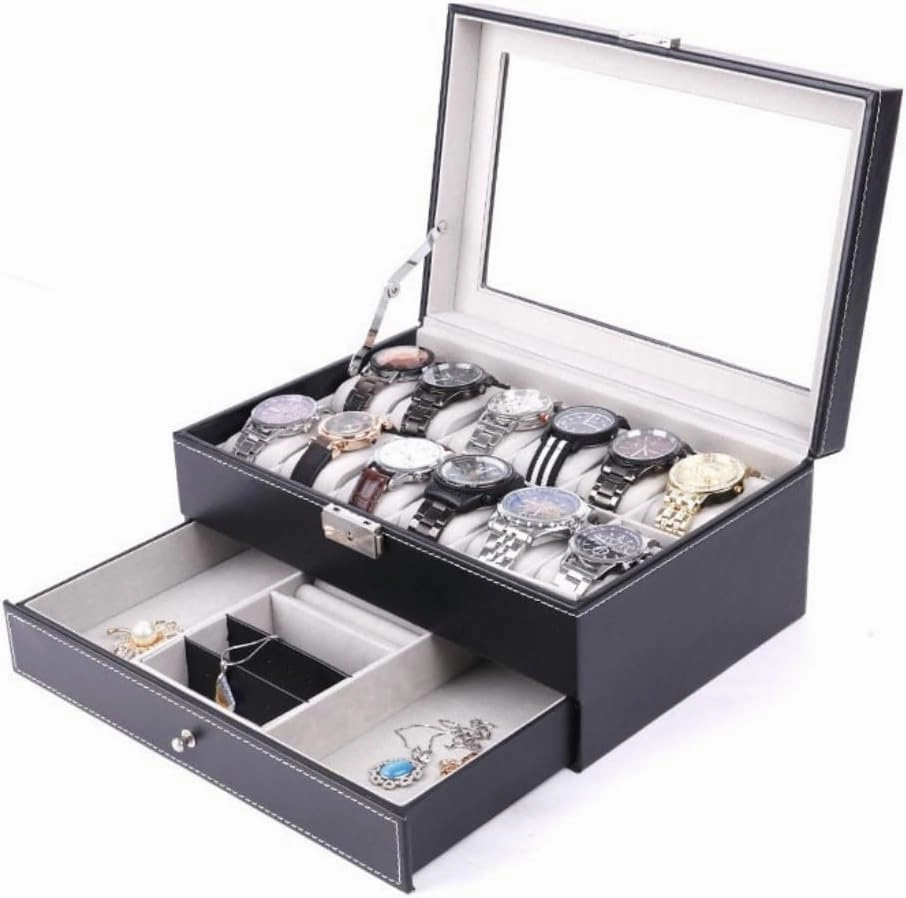 Jewelry Box Double Layer 12-position Watch Jewelry Box Transparent 12-position Watch Box Jewelry Box Jewelry Storage Box Jewelery Box(Black)