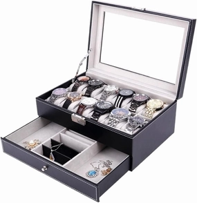 Jewelry Box Double Layer 12-position Watch Jewelry Box Transparent 12-position Watch Box Jewelry Box Jewelry Storage Box Jewelery Box(Black)