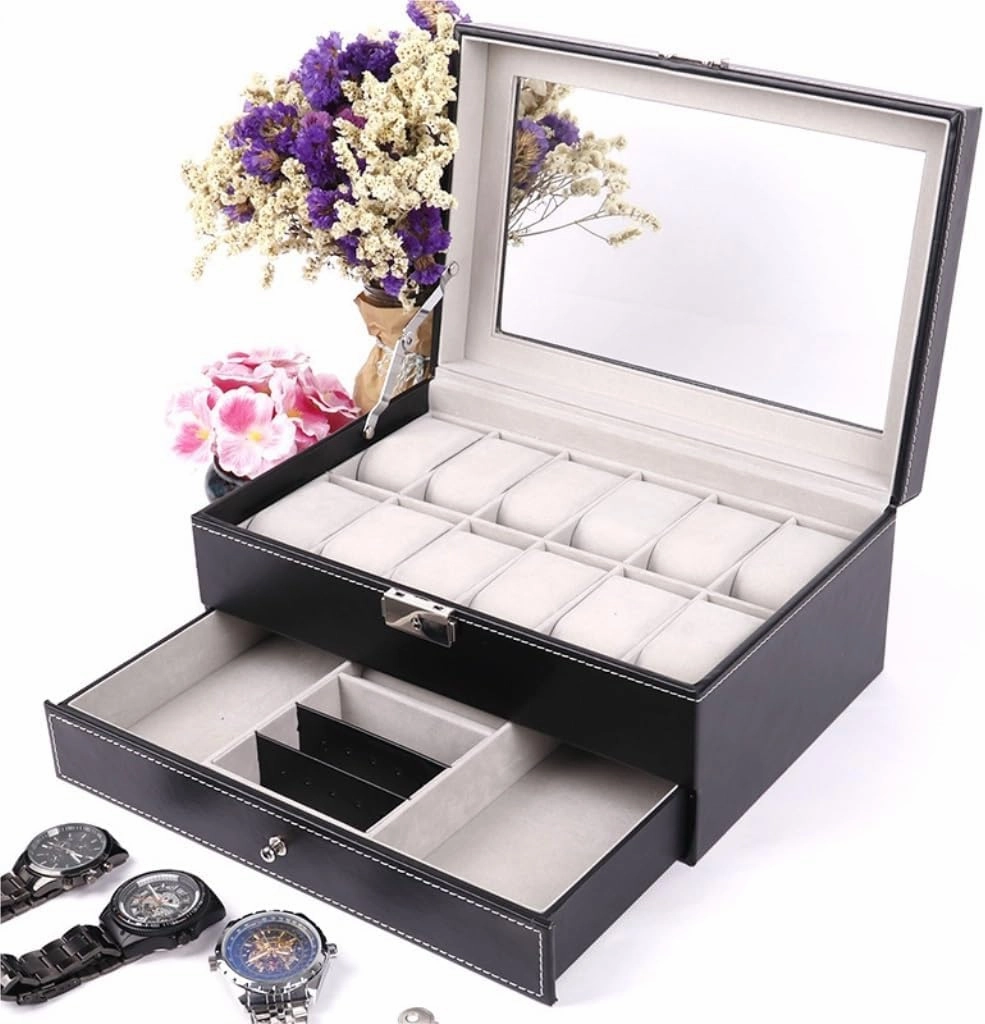 Jewelry Box Double Layer 12-position Watch Jewelry Box Transparent 12-position Watch Box Jewelry Box Jewelry Storage Box Jewelery Box(Black)