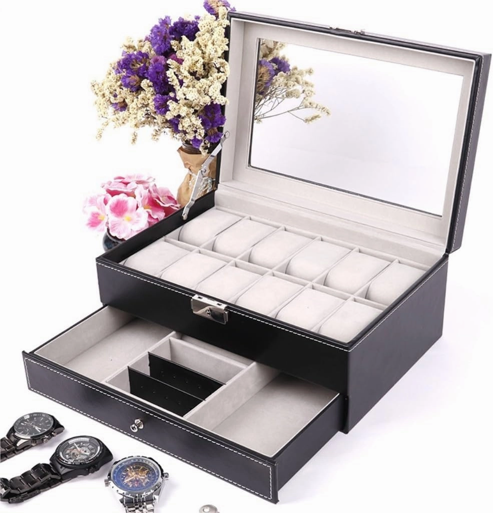 Jewelry Box Double Layer 12-position Watch Jewelry Box Transparent 12-position Watch Box Jewelry Box Jewelry Storage Box Jewelery Box(Brown)
