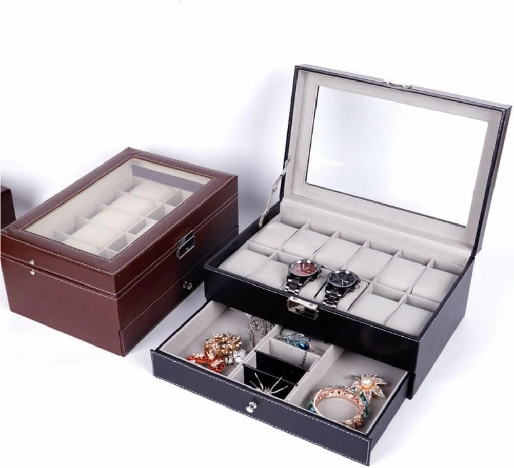 Jewelry Box Double Layer 12-position Watch Jewelry Box Transparent 12-position Watch Box Jewelry Box Jewelry Storage Box Jewelery Box(Brown)