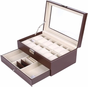 Jewelry Box Double Layer 12-position Watch Jewelry Box Transparent 12-position Watch Box Jewelry Box Jewelry Storage Box Jewelery Box(Brown)