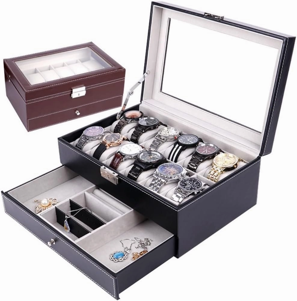 Jewelry Box Double Layer 12-position Watch Jewelry Box Transparent 12-position Watch Box Jewelry Box Jewelry Storage Box Jewelery Box(Brown)