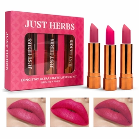 Just Herbs' Ultra Matte Bullet Lipstick Nourishing Non Drying and Long Stay Lipsticks for Women (Brights & Pinks, Set of 3)