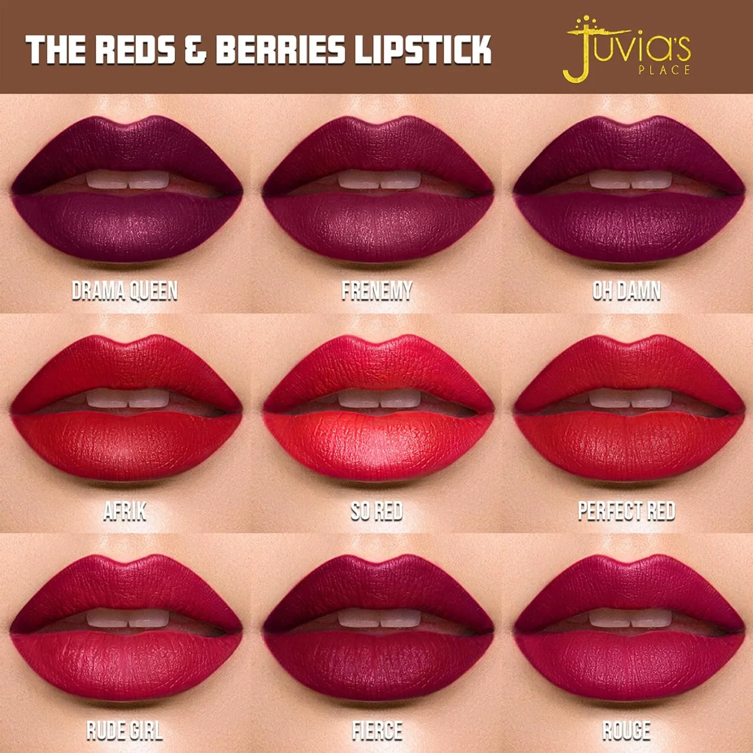 Juvia's Place Reds & Berries Velvety Matte Lipsticks The Deep Reds Fierce - Burgundy Red, Soft-Matte Lipstick, Hydrating, Highly Pigmented, Creamy, Smooth, and Long-Lasting