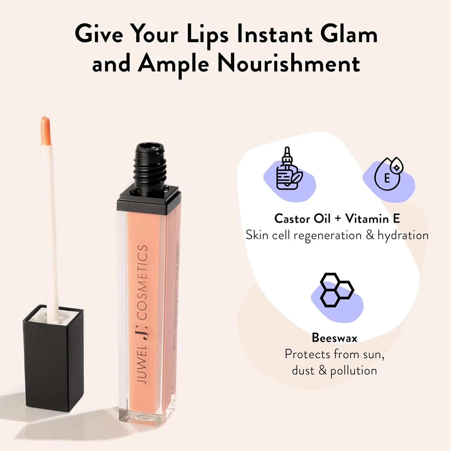 Juwel Cosmetics Luminizing Lip Gloss, Tinted Lip Gloss for Dry Lips, Smooth Finish Moisturizing Lip Gloss with Beeswax, Castor Oil and Vitamin E, Vegan, Tease