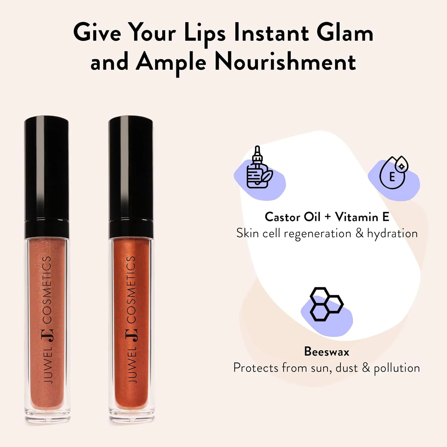 Juwel Cosmetics Ultra Lip Gloss, Gloss for Dry Lips, High Shine, Smooth Finish Moisturizing Lip Gloss with Beeswax, Castor Oil and Vitamin E, Vegan, Talc-free, Dazed