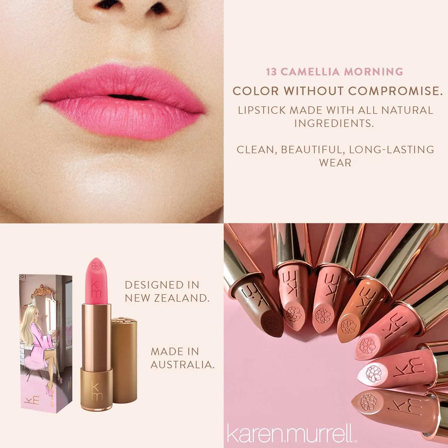 Karen Murrell - Natural Lip Stick - Lipstick 13 Camellia Morning - Pink Lipstick - Matte Finish, 100% Natural Ingredients, Moisturizes & Hydrates Lips - Paraben & Cruelty Free