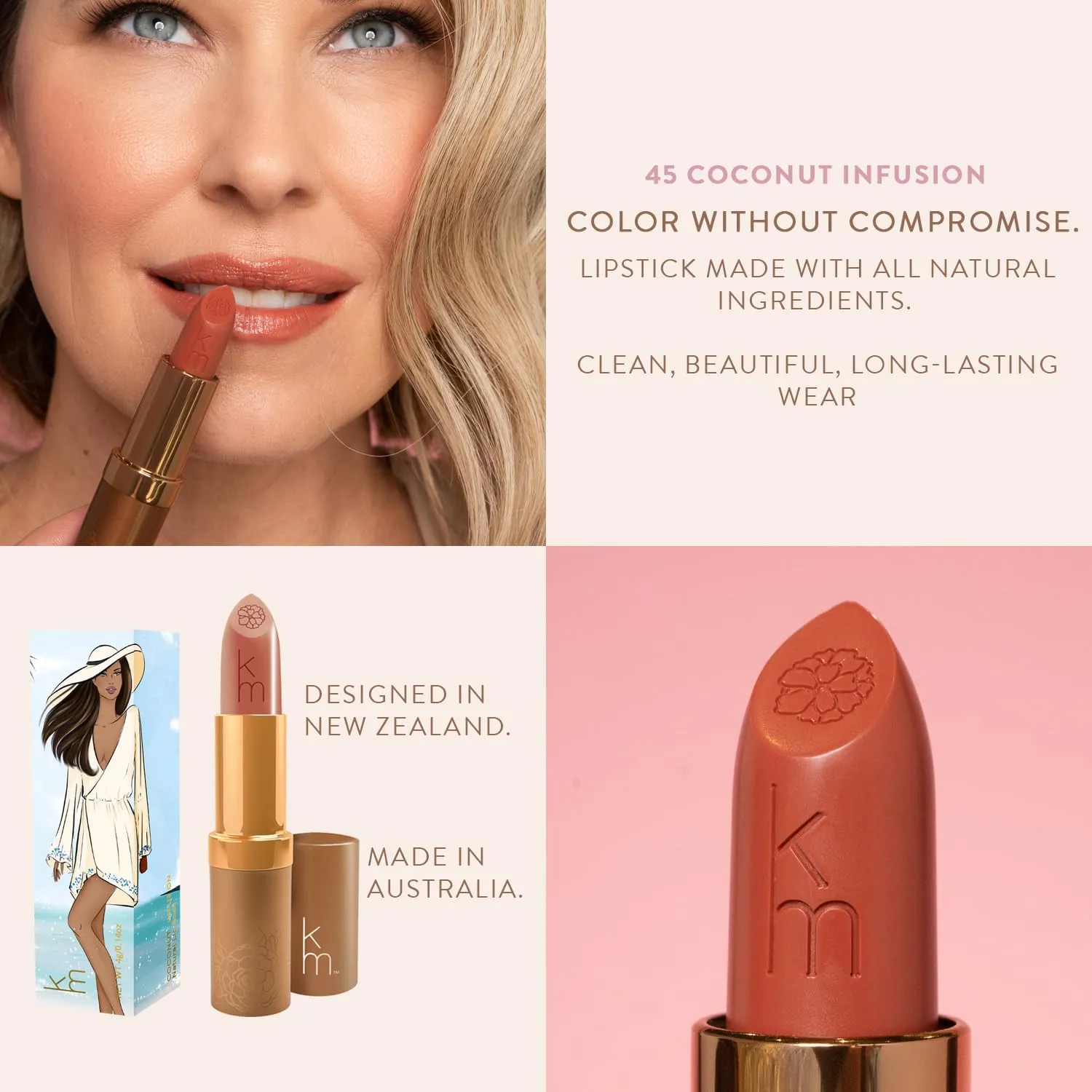 Karen Murrell Natural Lipstick - Lip Tint 45 Coconut Infusion - Sheer Buildable to Glossy Lip Tint - 100% Natural Ingredients, Moisturizes & Hydrates Lips - Paraben & Cruelty Free