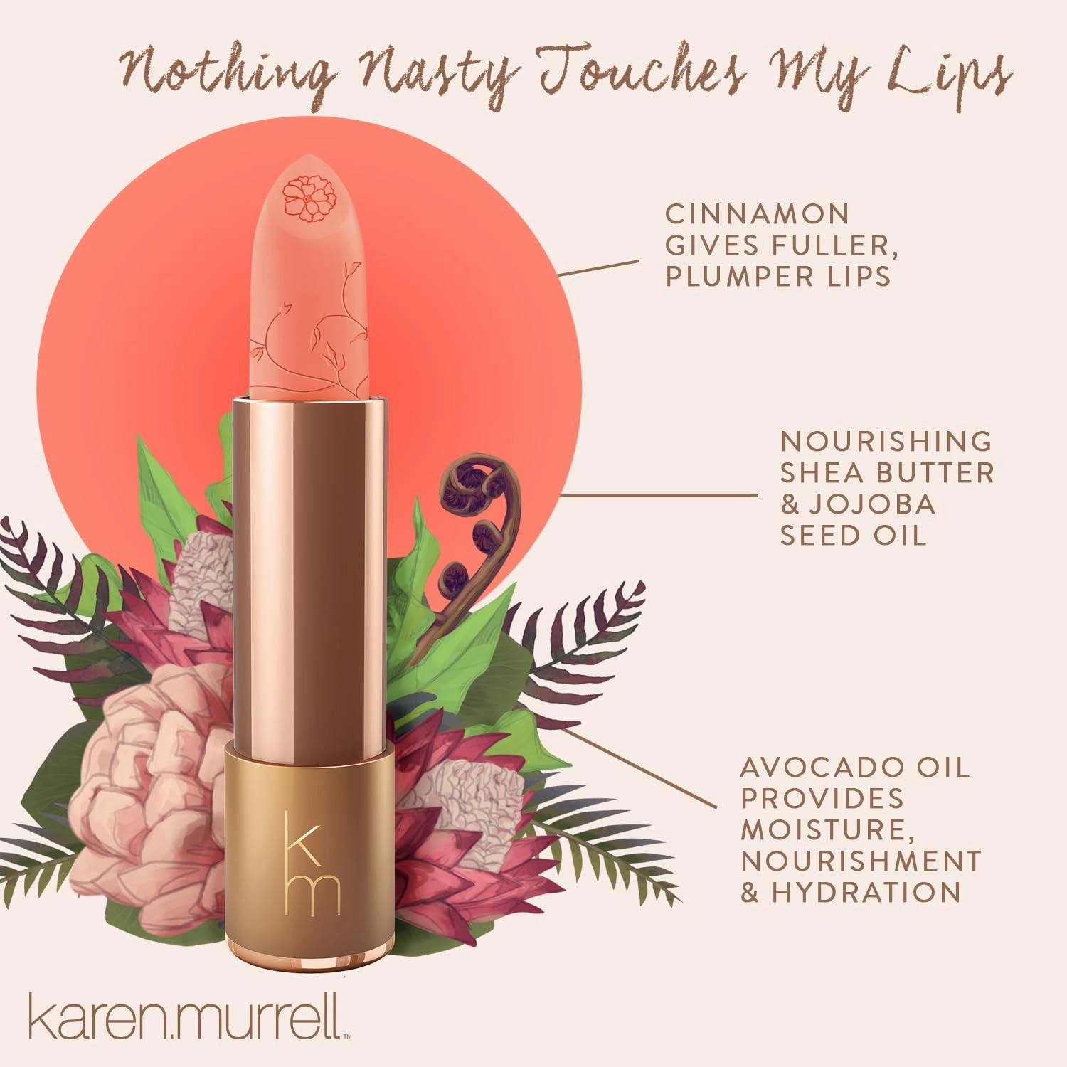 Karen Murrell - Natural Lip Stick - Lipstick 15 Peony Petal - Coral Lipstick - Matte Finish, 100% Natural Ingredients, Moisturizes & Hydrates Lips - Paraben & Cruelty Free