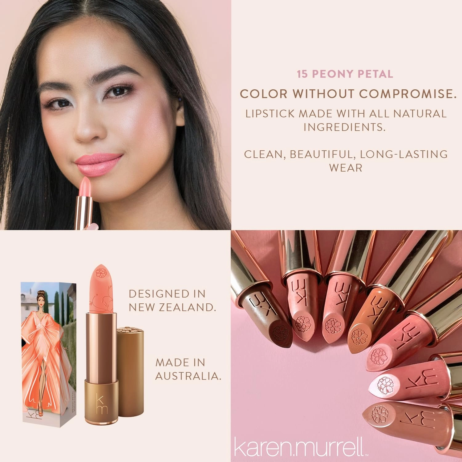 Karen Murrell - Natural Lip Stick - Lipstick 15 Peony Petal - Coral Lipstick - Matte Finish, 100% Natural Ingredients, Moisturizes & Hydrates Lips - Paraben & Cruelty Free