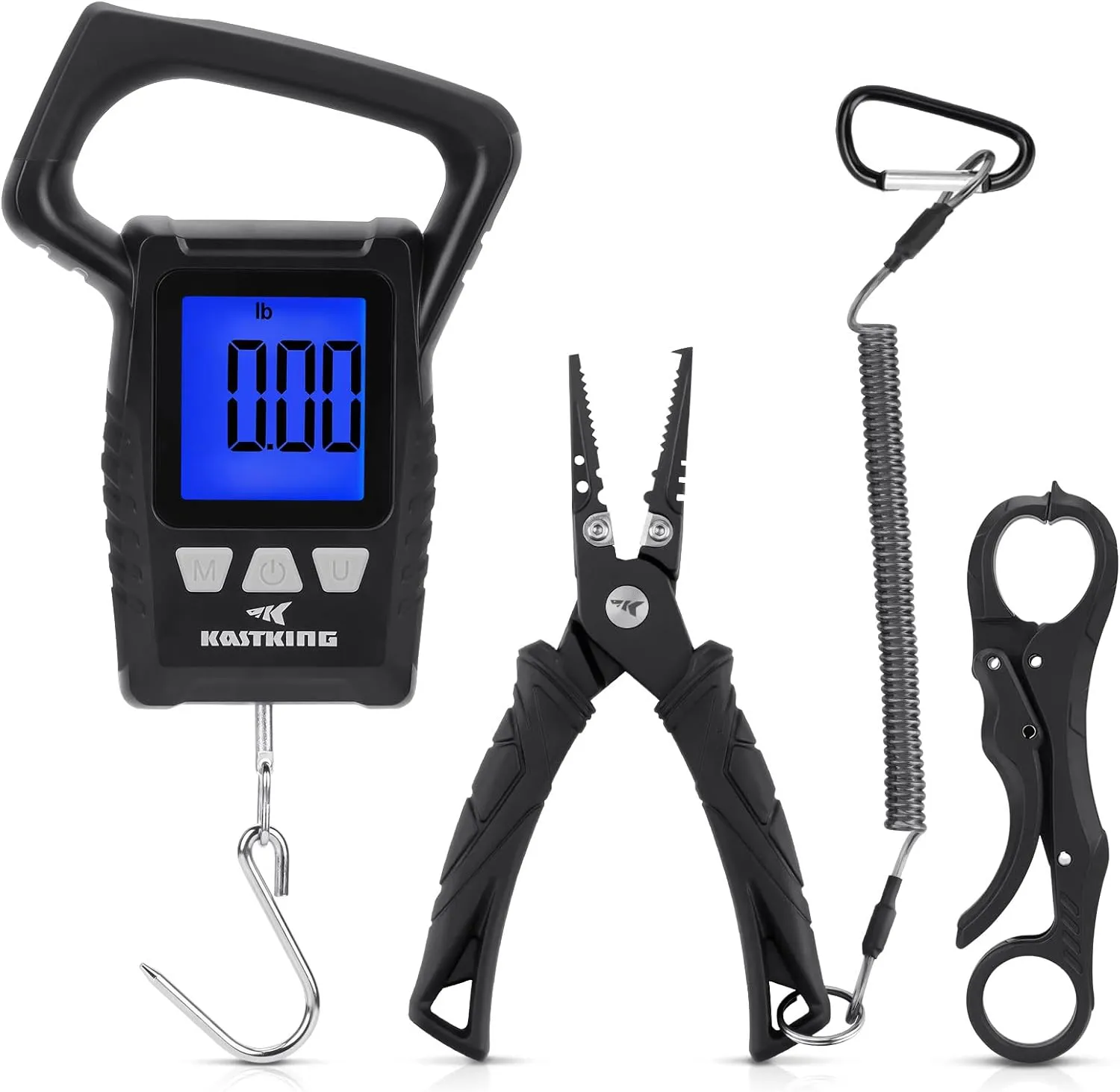 KastKing Fishing Pliers, Fish Lip Gripper or Fish Scale Combo Saltwater Resistant Fishing Tools, Fishing Gear with Rubber Handle, Lanyard, Line Cutter Hook Remover with Sheath, Ice Fishing Gift Men