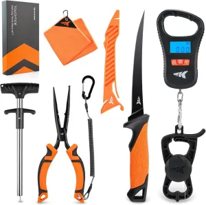 KastKing ToughTide Fishing Tool Kit, Rechargeable Digital Fish Scale with Lip Grip & Tape Measure, 7” Fillet Knife with Sheath & Sharpener, 8” Split Ring Fishing Pliers