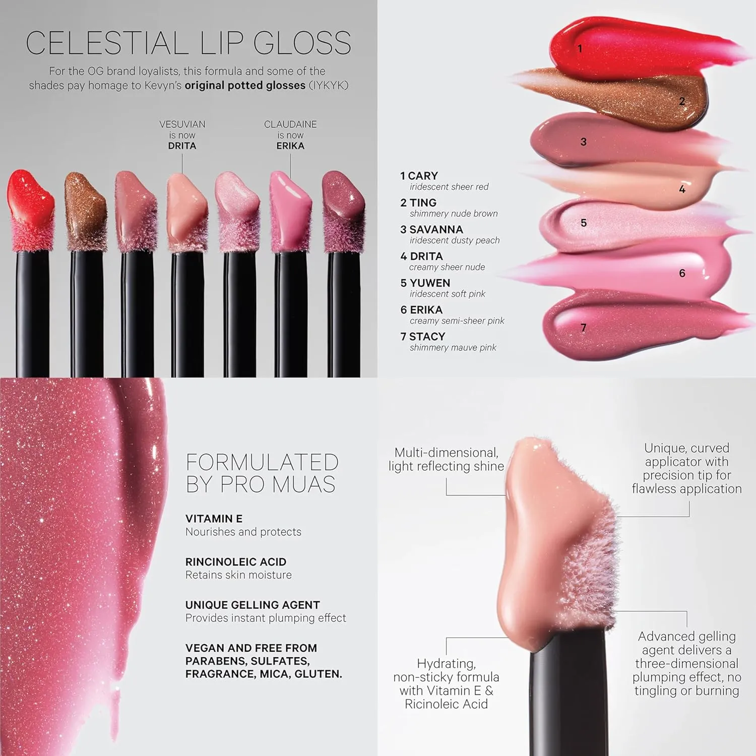 Kevyn Aucoin Celestial Lip Gloss, Stacy (shimmery mauve pink): Light reflecting shine & sheer. Precision makeup artist applicator. Hydrating, non-stick formula. Multi-dimensional 3D plumping effect.
