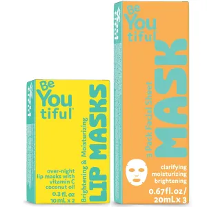 Kids Preppy Skincare Set by BeYOUtiful, Pampering Bundle: Hydrating Coconut Lip Mask and and Face Masks for all Skin Types, Sulfate and Paraben Free, Self Care Items for Women, Set of 2