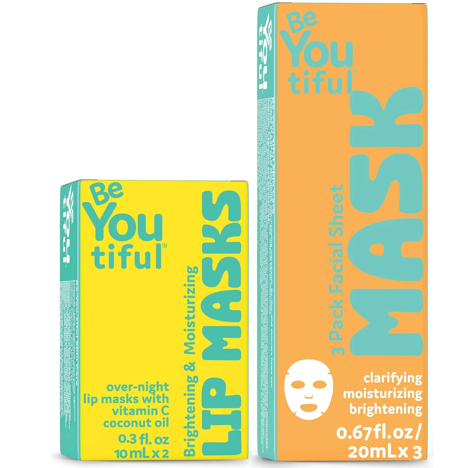 Kids Preppy Skincare Set by BeYOUtiful, Pampering Bundle: Hydrating Coconut Lip Mask and and Face Masks for all Skin Types, Sulfate and Paraben Free, Self Care Items for Women, Set of 2