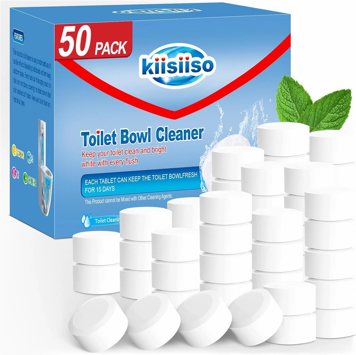 KIISIISO Toilet Bowl Cleaner Tablets 50 PACK, Automatic Bleach Toilet Tank Cleaners, Bathroom Long-Lasting Freshness, Slow-Releasing Powerful Deodorizing & Descaling