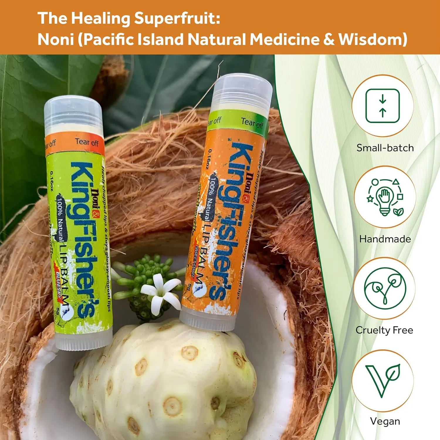 Kingfisher's Noni Lip Balm Mint,100% Natural Moisturizing Lip Balm, Ultra Hydrating Lip Care, Original Noni Oil & Virgin Coconut Oil, Fresh Mint Flavor Lip Care (Pack of 2)