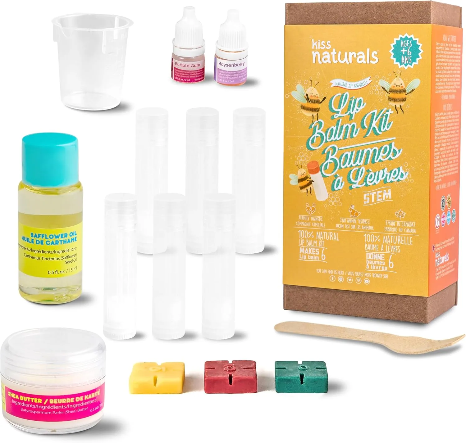 Kiss Naturals - Lip Balm Making Arts & Crafts Kit for Kids - with Organic Safflower Oil, Beeswax, Shea Butter - Stem DIY Body Care - Make 6 Lip Balms - Birthday, Holiday Gift for Girls & Boys