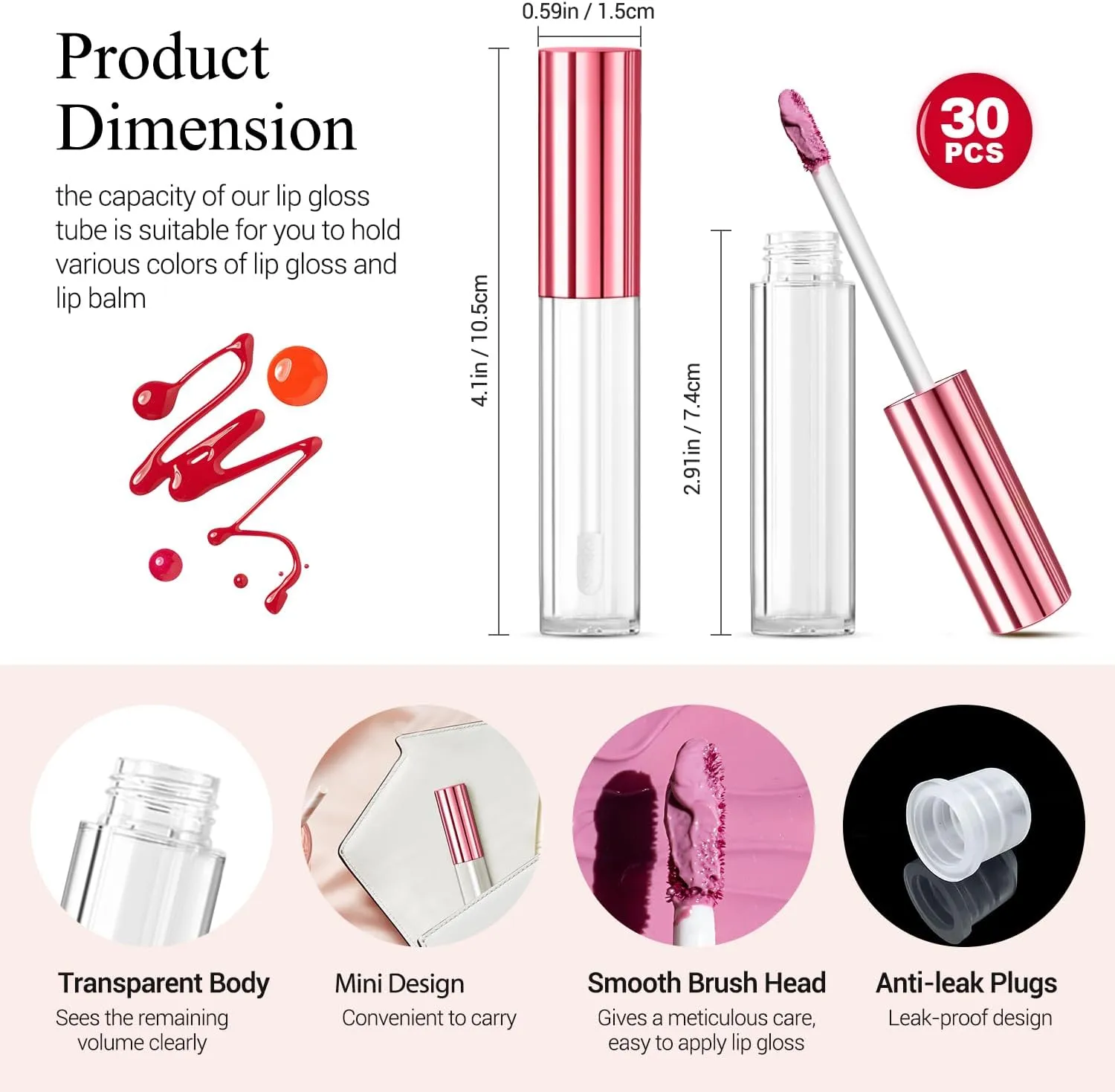 KPX 30 Pcs lip Gloss Tube Containers Bulk Wand 10ml Empty Clear Pink Lip Oil Tubes Refillable Lip Balm Bottles with Rubber Insert for DIY Makeup Such as Lip Samples, Homemade Lip Balm(Pink)